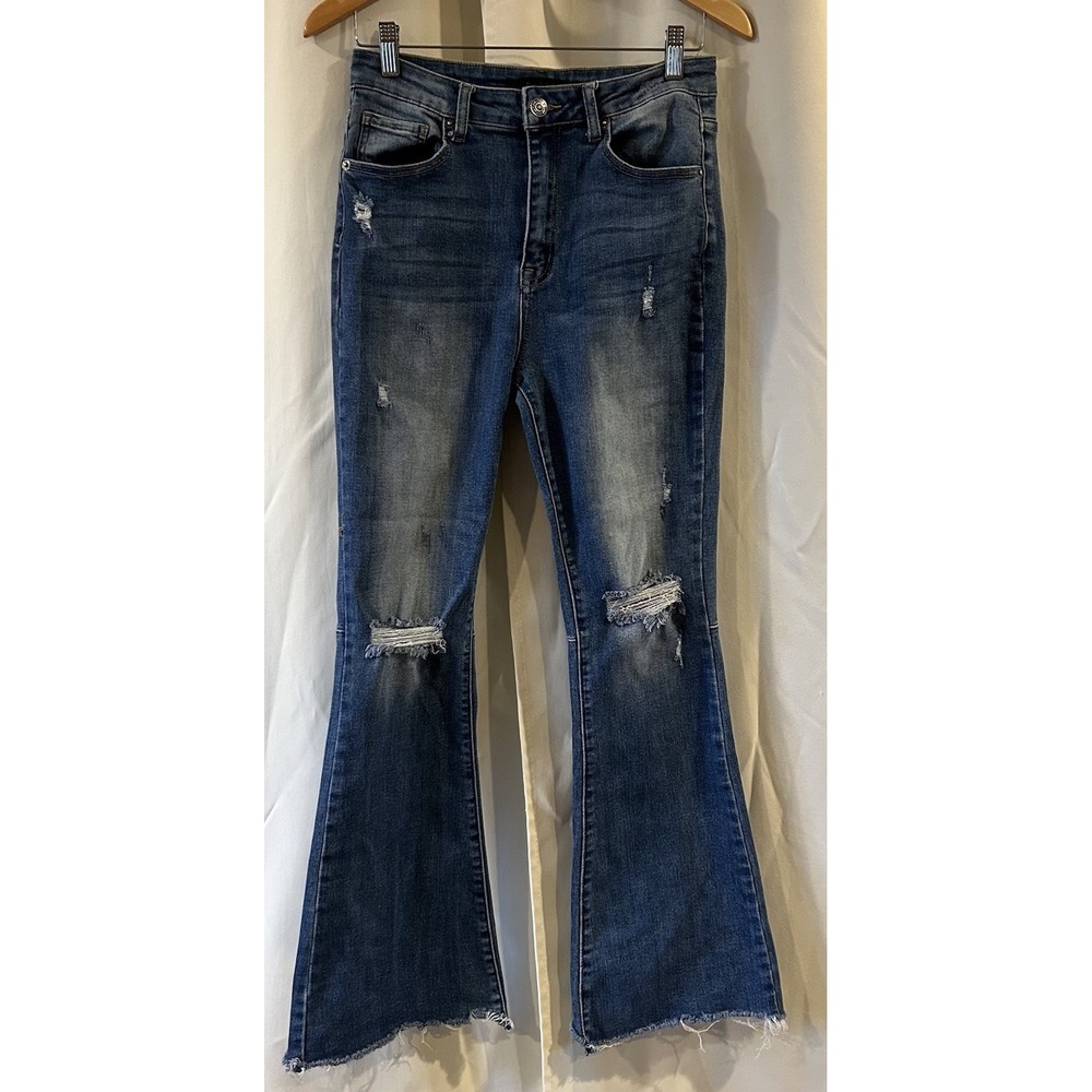 Risen Distressed Flare Jeans Women 28/7 High Rise Fray Hem Stretch‎ Med Wash